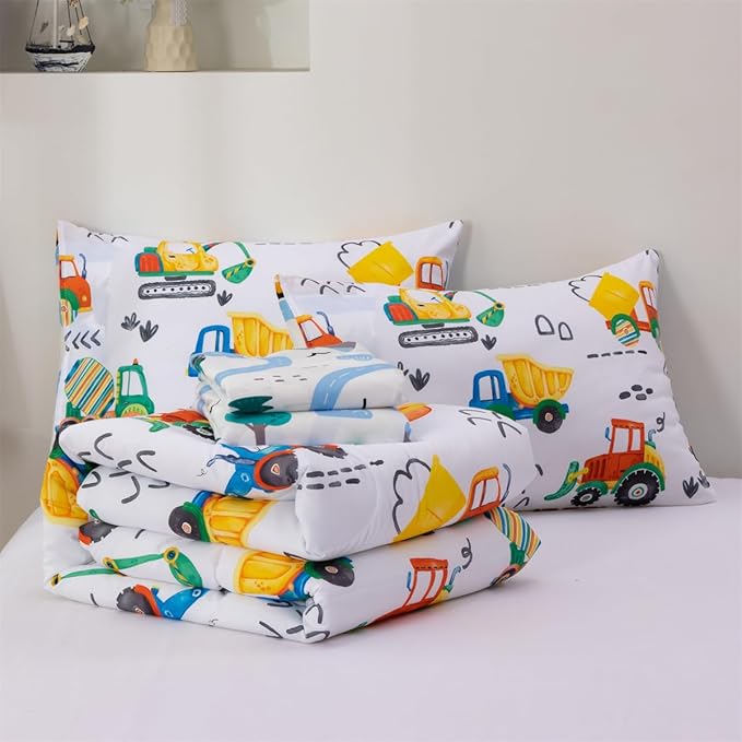 NTBED 5 Pieces Construction Truck Full Comforter Set for Boys Kids Colorful Painting Vehicles Excavator Lightweight Microfiber Bedding Sets