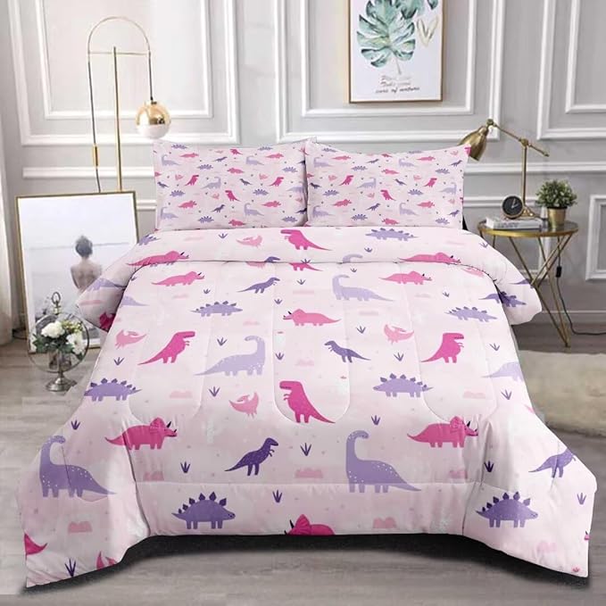 Dinosaur Comforter Set for Kids, Girls & Teens - Twin Size, Cute Pink & Purple Dino Bedding with 1 Comforter & 2 Pillowcases, Kawaii Animals Dino Bedroom Decor