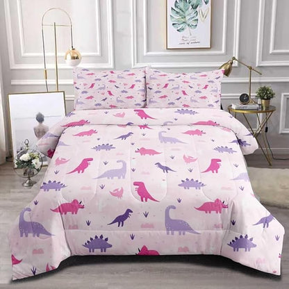 Dinosaur Comforter Set for Kids, Girls & Teens - Twin Size, Cute Pink & Purple Dino Bedding with 1 Comforter & 2 Pillowcases, Kawaii Animals Dino Bedroom Decor