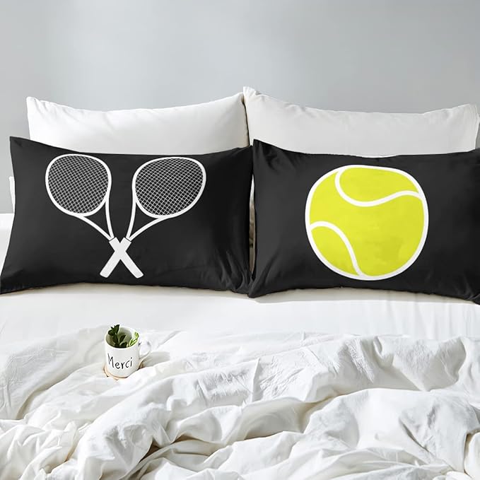 Tennis Court Print Duvet Cover Set Twin Size,Boys Ball Sports Games Themed Comforter Cover for Kids Boys Bedroom Gift,Yellow Tennis Racket Sporting Equipment Bedding Set with 1 Pillowcase, Polyester