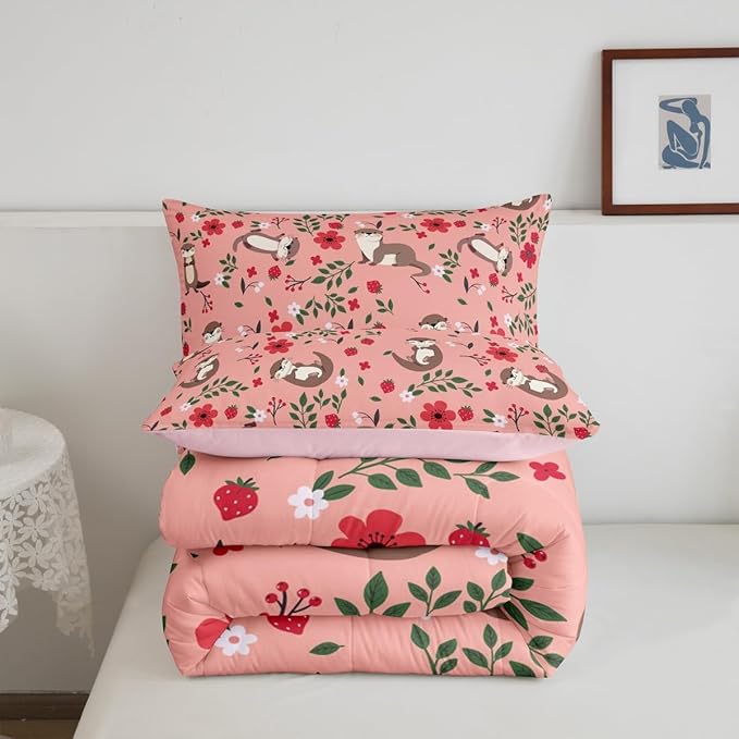 Lovely Otter Comforter Set Full Size 3 Pcs Cartoon Pink Strawberry Flowers Decor Comforter for Kids Boys Girls Cute Wild Animals Rustic Style Bedding Set with 2 Pillowcases+1 Comforter