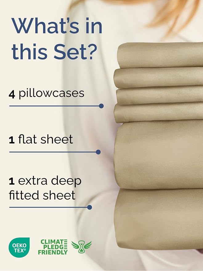 Extra Deep Full Sheet Set - 6 Piece Breathable and Cooling Sheets - Hotel Luxury Bed Sheets Set - Easy & Secure Fit - Soft, Wrinkle Free and Comfy Sheets Set - Beige Sheet Set with Extra Deep Pockets