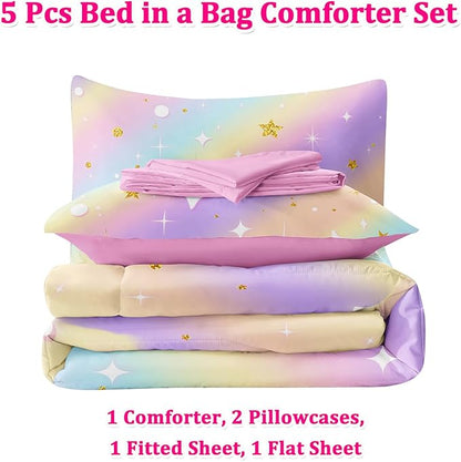 5 Pcs Full Bedding Sets for Girls, Pink Glitter Rainbow Bed in A Bag Full Size Bed Set, Stars Galaxy Bedding Comforter Set for Girls