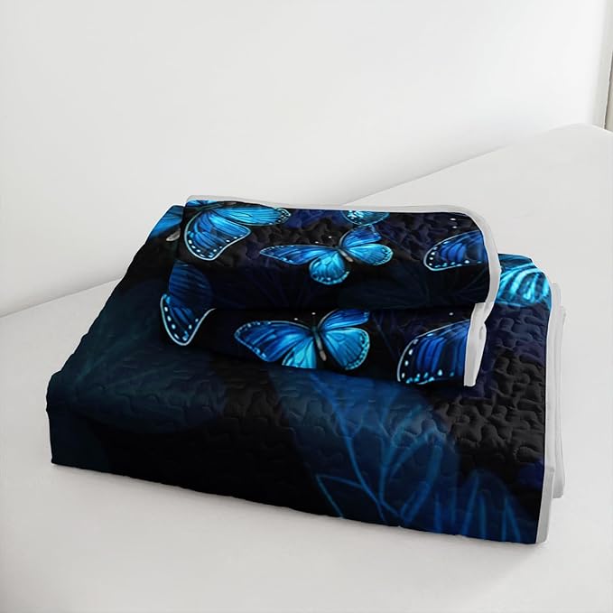 Twin Size Quilt Set,Blue Butterfly Botanical Pattern Bedding Set,3 Piece Lightweight Soft Summer Quilted Bed with 2 Pillowcases for All Season.