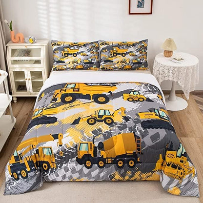 Feelyou Boys Cartoon Car Bedding Set Kids Construction Vehicles Comforter for Kids Children Cartoon Machinery Truck Comforter Set Construction Site Cars Duvet Set King Size 3Pcs, Multi 53