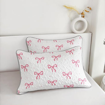 QOOMO Pink Bow Quilt Set King Size,Bowknot Bedspread Coverlet Set,Pink 3Pcs Bedding Set Printed Quilt with 2 Pillowcases,Soft and Lightweight,for All Seasons