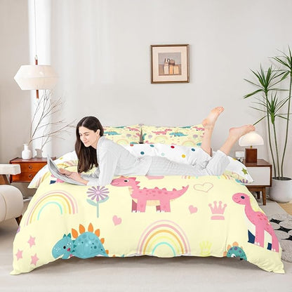 Kawaii Dino Duvet Cover Queen Size,Cute Rainbow Floral Love Heart Polyester Reversible Bedding Set (Not Comforter),Pink Yellow Dinosaur Lovely Animal Comforter Cover for Bedroom, Zipper, Ties