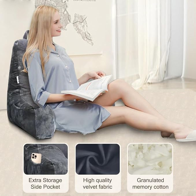 Reading Pillow with Shredded Memory Foam, Large Adult Backrest with Arms, Chair Pillow，Back Support for Sitting Up in Bed with Washable Cover ， TV Sit up Pillow