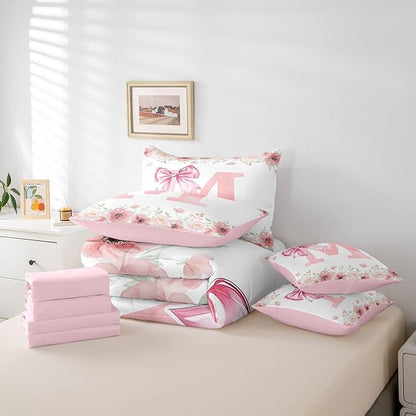 Erosebridal Dreamy Princess Bowknot Twin Bedding Sets, Pink Initial Letter M Comforter Cute Kawaii Letter Bow Bed in A Bag for Girls Kids Young Woman Romantic Flower Floral Bowknot Comforter Set