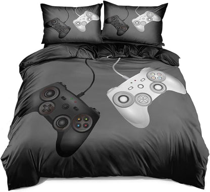Full Size Duvet Cover Set with Pillowcases, Gamer Bedroom Bedding Set – Gray Color Gamepad Print – Perfect for Boys & Girls – Creates Fun & Energetic Ambience