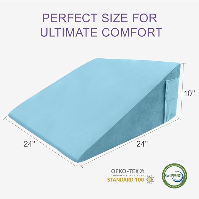 Memory Foam Bed Wedge Pillow (10"x24"x24") - Acid Reflux & Back Pain Relief, Anti-Snoring Incline Design, Removable Washable Cover for Sleep & Post-Surgery Support