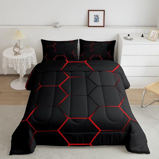 Feelyou Honeycomb Bedding Set Honeycomb Modern Hexagon Theme Comforter Set for Kids Boys Children Geometrical Comforter Ultra Soft Beehive Black Red Decor Duvet Set King Size