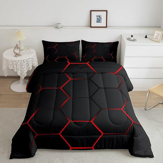 Feelyou Honeycomb Bedding Set Honeycomb Modern Hexagon Theme Comforter Set for Kids Boys Children Geometrical Comforter Ultra Soft Beehive Black Red Decor Duvet Set King Size