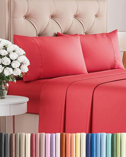 Twin XL 4 Piece Sheet Set - Comfy Breathable & Cooling - Ultra Soft Hotel Luxury Bedding Set w/ 8-16 Inch Deep Pockets - 1 Flat & 1 Fitted Sheet & 2 Pillowcases - Cozy, Wrinkle Free & Easy Care - Red