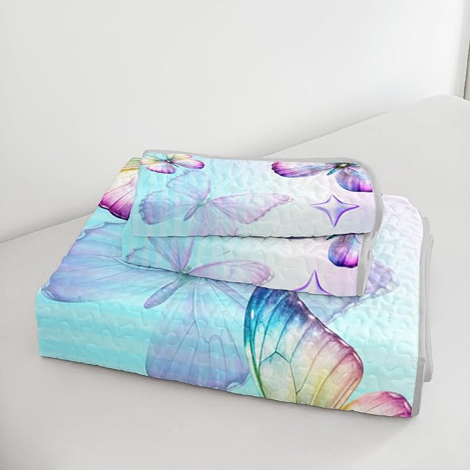 3-Piece Butterfly Quilt Set King Size,Blue Butterfly Printed Bedding for Kids Teens Girls Room Decor,Soft Lightweight Quilted Quilt Sets with 2 Pillowcases.