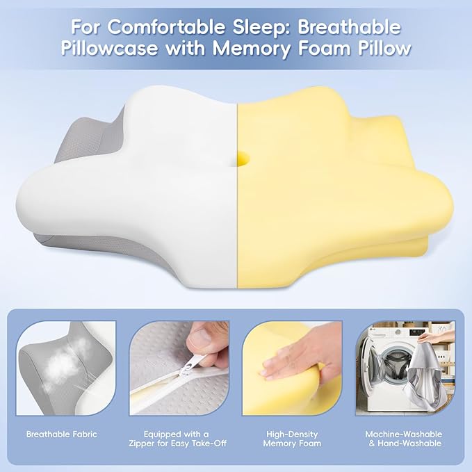 Cervical Neck Pillow, Memory Foam Pillows for Neck and Shoulder Pain Relief, 2 Heights Ergonomic Pillow with Breathable Ice Silk Cover, Neck Support Pillow for Side Back Stomach Sleepers