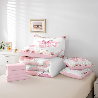 Erosebridal Pink Bow Tie Bowknot Bed in A Bag, Initial Letter W Bedding Sets, Romantic Flower Floral Comforter Set with Sheets for Kids Girls Dreamy Princess Style Bed Set Bedroom Decor Twin Size
