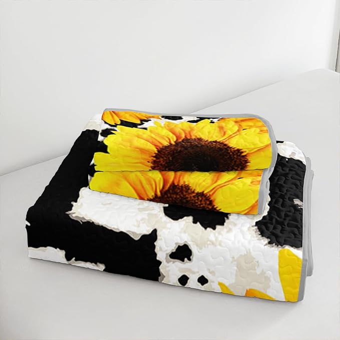 QOOMO Sunflower Quilt Set King Size,Cow Print Bedspread Coverlet Set,Animal Print 3Pcs Bedding Set Printed Quilt with 2 Pillowcases,Soft and Lightweight,for All Seasons