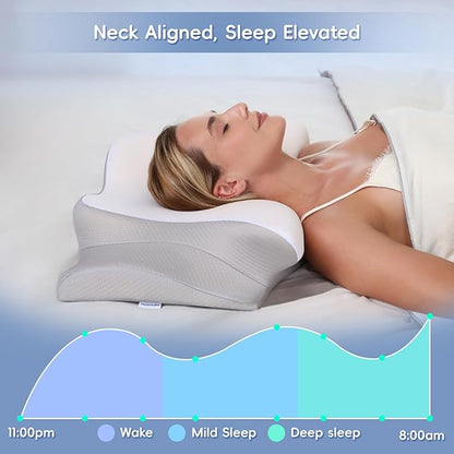 Cervical Neck Pillow, Memory Foam Pillows for Neck and Shoulder Pain Relief, 2 Heights Ergonomic Pillow with Breathable Ice Silk Cover, Neck Support Pillow for Side Back Stomach Sleepers