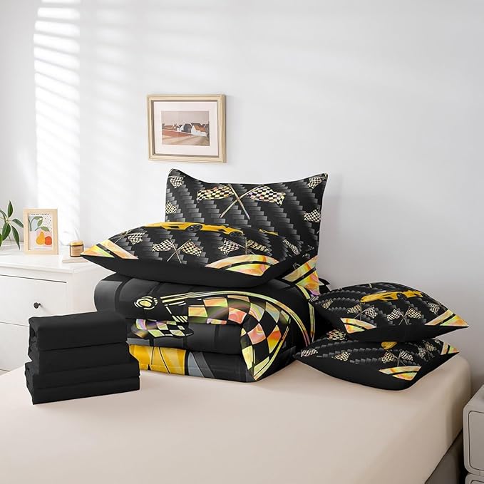 Feelyou Yellow Race Car 7 Piece Bedding Set Full Size Extreme Sports Comforter Set with Sheets for Kids Teens Adult Fast and Furious Bed in a Bag Dazzling Flag Bed Set