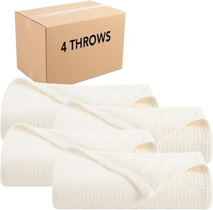 Arkwright Basket Weave Throw Blanket - Case of 4-100% Ringspun Cotton All Season Throws, Luxury Hotel Quality, Soft on Skin, Breathable, 300 GSM for Bed, Sofa, and Chair, 50 X 70 in, Ivory