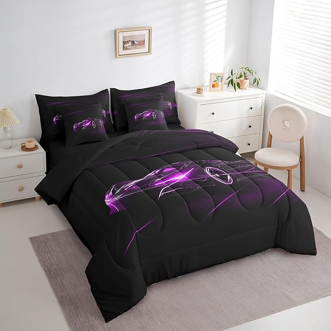 Feelyou Purple Race Car 7 Piece Bedding Set King Size for Kids Boys Extreme Sport Games Comforter Set with Sheets Teens Toddler Fast and Furious Bed in a Bag Cool Modern Bed Set