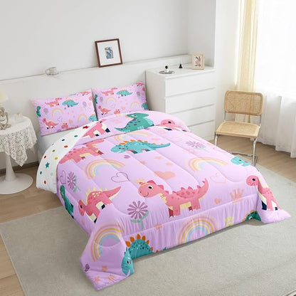 Castle Fairy Kawaii Dino Full Size Comforter Set,Cute Rainbow Floral Love Heart Reversible Bedding Set Bedroom Collection,Pink Blue Dinosaur Lovely Animal Soft Quilted Duvet for Girls Teens