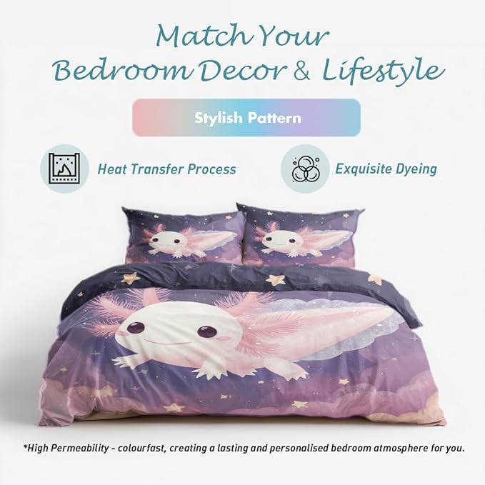 Axolotl Duvet Cover Twin Size, Kids Boys Girls Bedding Set 3 Pcs (2 Pillow Shams), Super Soft Microfiber Bedroom Decor, Zipper & Ties CSXQ1249