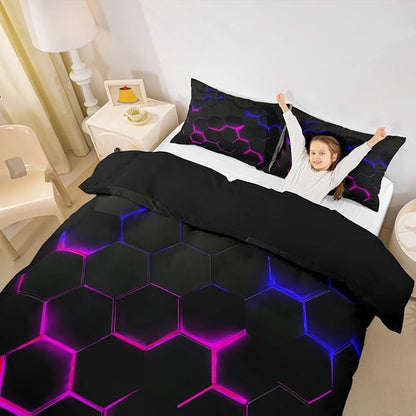 Castle Fairy 3D Honeycomb Duvet Cover Queen Size for Kids Hexagon Bedding Sets with 2 Pillowcase,Pink Blue Neon Lights Print Comforter Cover Teen Boys Girls Bedroom Decor Bed Cover 3 Piece,Black