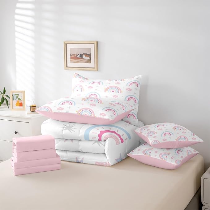 Feelyou Cute Rainbow 7 Piece Bedding Set Pink Blue Comforter Set with Sheets for Kids Boys Girls Star Print Bed in a Bag Cartoon Cute Bed Set Soft Lightweight
