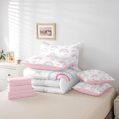 Feelyou Cute Rainbow 7 Piece Bedding Set Pink Blue Comforter Set with Sheets for Kids Boys Girls Star Print Bed in a Bag Cartoon Cute Bed Set Soft Lightweight