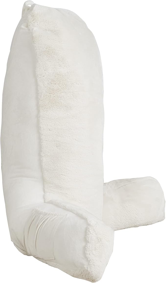 Faux Fur Assembly Need DIY Extra Large Backrest Reading Bed Rest Pillow with Arms and Pockets for Sitting in Bed Couch Sofa, Removable Cover & Filling Seprated, 28" x 30" x17", Cream
