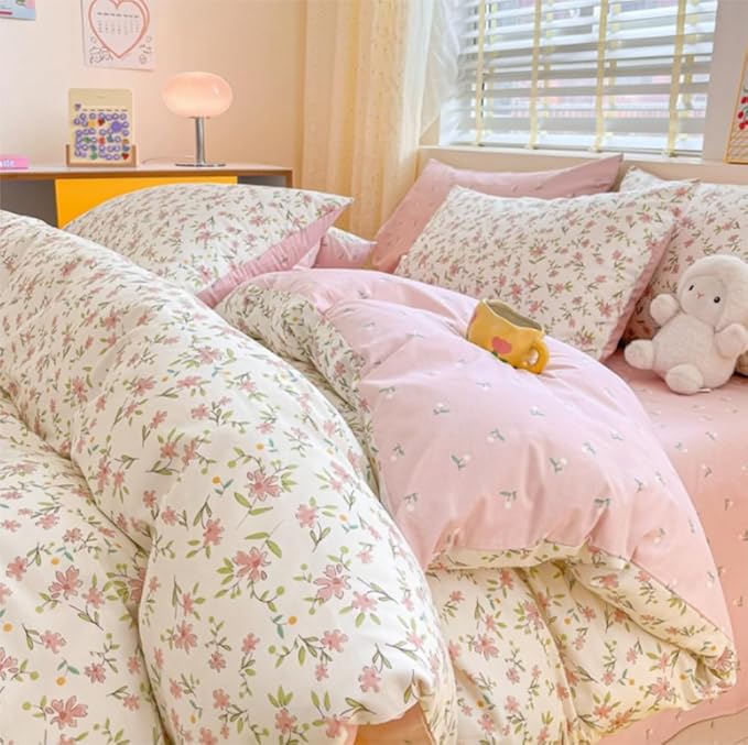 Floral Duvet Cover Queen Size Spring Pink Floral Bedding Set 3Pcs Kids Boys Girls Botanical Garden Aesthetic Flower Coquette Comforter Cover with Zipper Closure and 2 Pillowcase