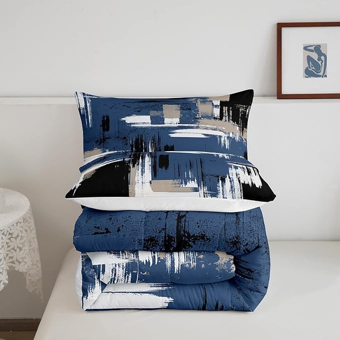 Feelyou Abstract Bedding Set Kids Modern Abstract Art Comforter Set Blue Black White Comforter for Boys Room Decor Lightweight Duvet Set Toddler Size with 1 Pillow Case