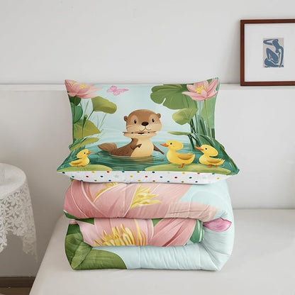 Cartoon Otter Kids Comforter Set Cute Duck Pink Lotus Butterfly Bedding Sets for Boys Girls Teens Lovely Wild Animal Rustic Style Quilted Comforter with 2 Pillowcases Queen Size 3 Pcs