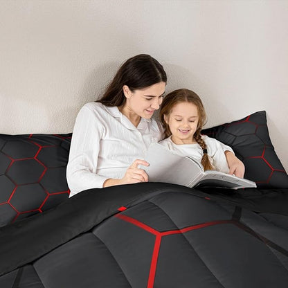 Feelyou Honeycomb Bedding Set Honeycomb Modern Hexagon Theme Comforter Set for Kids Boys Children Geometrical Comforter Ultra Soft Beehive Black Red Decor Duvet Set Queen Size