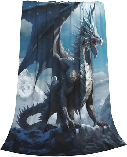 Blue Ice Dragon Blanket Gifts for Adults Boys Snow Mountain Flannel Throw Blankets Soft Comfy Lightweight for Home Decor Couch Bed Sofa 80x60 Inches