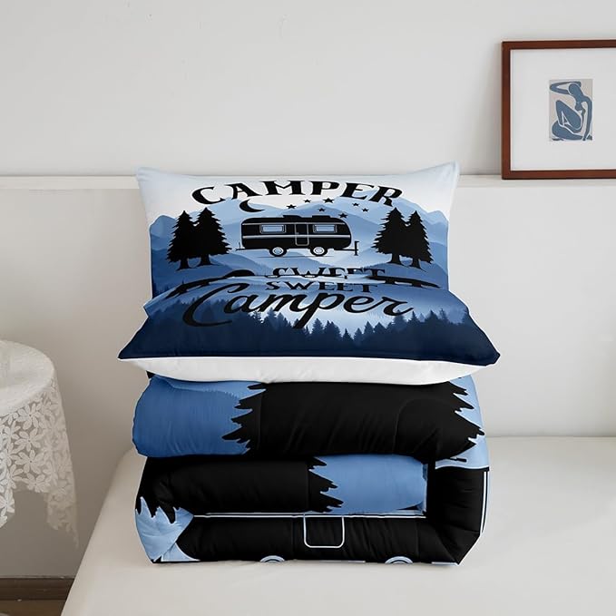 Feelyou Camper Comforter Set Kids Farmhouse Happy Camping Bedding Set Queen Women Men Nature Travel Decor Comforter Ultra Soft Microfiber Rustic Camper Van Quilted Set Bedroom Comforter Inner Fill