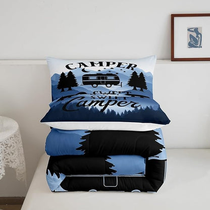 Feelyou Camper Comforter Set Kids Farmhouse Happy Camping Bedding Set Queen Women Men Nature Travel Decor Comforter Ultra Soft Microfiber Rustic Camper Van Quilted Set Bedroom Comforter Inner Fill