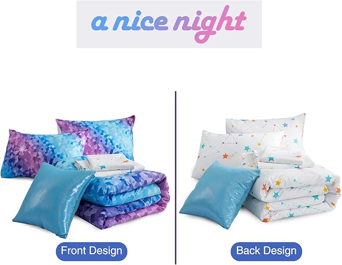 A Nice Night 6Pcs Gradient Abstract Art Grid Mosaic Geometric Bedding Set for Girls, Colorful Rainbow Galaxy Comforter Set, Ultra Soft Bedding Sets (PinkBlue,Full 6Pcs)