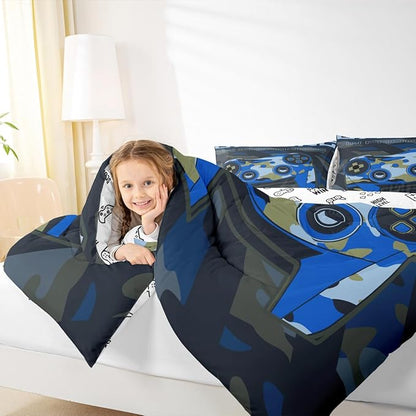 Boys Girls Gamepad Comforter Set Queen Size Teens Gamer Bedding Set Retro Blue Camouflage Video Game Controller Comforter For Kids Youth Bedroom Decor Gamer Console Action Buttons Duvet Set Microfiber