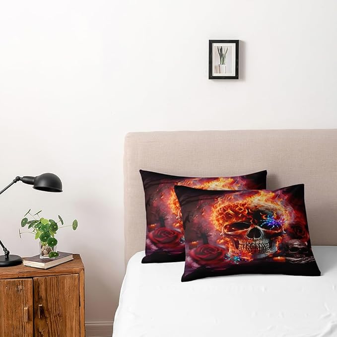 Burning Skull and Red Roses Queen Size Duvet Cover Set Flowers Comforter-Cover and Pillowcases Black Background Burning Gothic and Florals Print Bedding Set Bedroom Decor