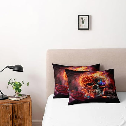 Burning Skull and Red Roses Full Size Duvet Cover Set Flowers Comforter-Cover and Pillowcases Black Background Burning Gothic and Florals Print Bedding Set Bedroom Decor