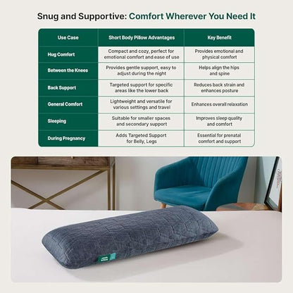 The White Willow Short Body Pillow Memory Foam Sleeping Soft Bed, Hug Pillow Insert for Sleeping & Side Sleeper (10W x 30L Inch) with Grey Zipper Cover Made from German Technology by BASF