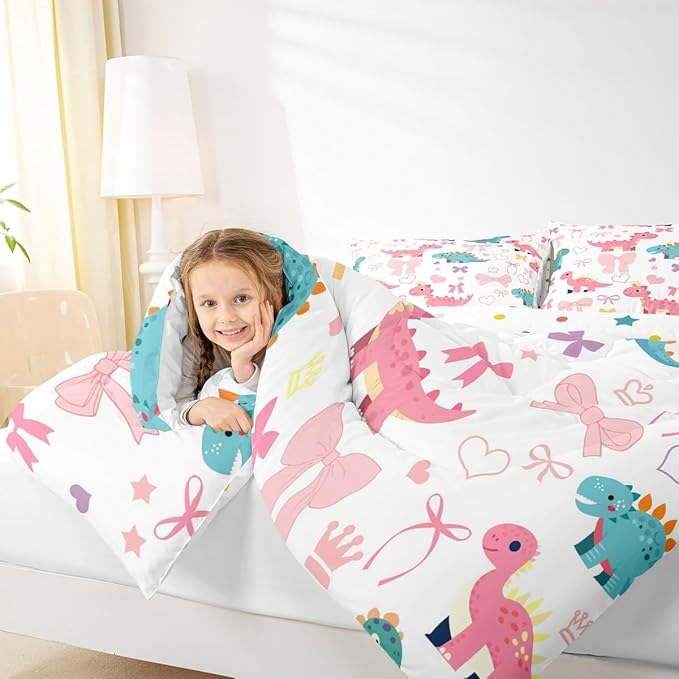 Cute Dino Kids Comforter Set Queen Size,Kawaii Bowknot Heart Princess Style Reversible Bedding Set for Adult,Pink Blue Dinosaur Cartoon Animal Luxury Bed Duvet Insert,2 Pillowcases