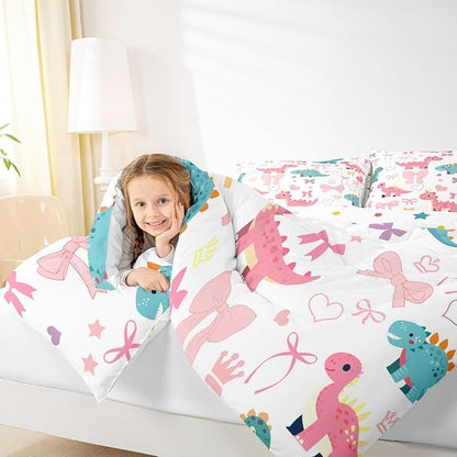 Cute Dino Full Size Comforter Set,Kawaii Bowknot Heart Princess Style Reversible Bedding Set Bedroom Collection,Pink Blue Dinosaur Cartoon Animal Soft Quilted Duvet for Girls Teens