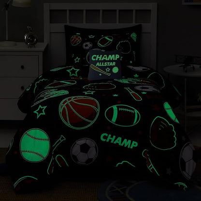 Kids Comforter Set Twin Size for Boys, Glow in The Dark Ball Games Bedding Set 1 Comforter, 1 Decor Pillow, 1 Pillow Shams