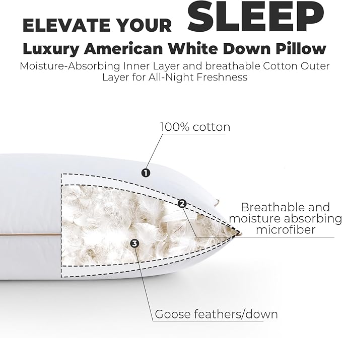 Dreamhood Goose Feather Down Pillows for Sleeping Soft Bed Pillow Standared Size Set of 2 Cooling Down Pillows for Twin Bed Made in USA with 100% Cotton Cover 20 x 26 Inches