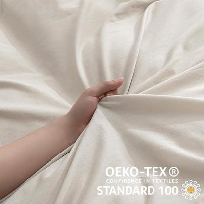 JELLYMONI Cotton Duvet Cover Full Size - Beige Comforter Cover with Button 100% Washed Cotton 3PCS Breathable Soft Solid Bedding Set Duvet Cover 80×90in & 2 Pillowcases (NO Comforter)