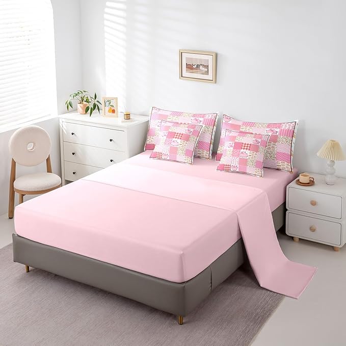 Feelyou Pink Pig 7 Piece Bedding Set for Girls Boys Kids Full Size Cartoon Cute Pig Bed in a Bag Geometric Comforter Set with Sheets for Pig Lovers Bed Set